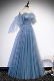 Blue Tulle Beading Long Prom Dresses, A-Line Evening Party Dresses HZ1024