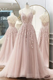 Previous Next Pink Tulle Lace Long Prom Dresses, A-line Spaghetti Strap Evening Dresses HZ1024