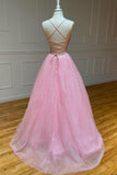 Previous Next Pink V-Neck Tulle Long Prom Dresses, A-Line Backless Evening Dresses HZ1024