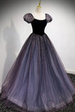 Purple Velvet Tulle Long Prom Dresses, A-Line Evening Dresses HZ1024