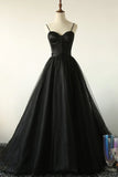 Black A-Line Spaghetti Strap Long Prom Dresses, Black Evening Dresses HZ1024