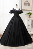 Black V-Neck Tulle Long Prom Dresses, A-Line Black Evening Dresses HZ1024