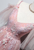 Pink V-Neck Lace Long Prom Dresses, A-Line Evening Dresses HZ1024