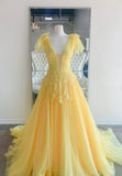 Yellow V-Neck Lace Long Prom Dresses, A-Line Evening Dresses HZ1024