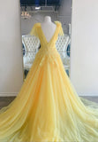 Yellow V-Neck Lace Long Prom Dresses, A-Line Evening Dresses HZ1024