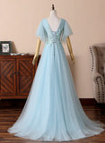 Blue V-Neck Lace Long Prom Dresses, A-Line Evening Dresses HZ1024