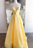 Yellow Satin Long Prom Dresses, A-Line Backless Evening Dresses HZ1024