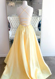 Yellow Satin Long Prom Dresses, A-Line Backless Evening Dresses HZ1024