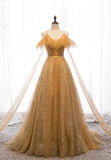 Gold V-Neck Tulle Long Prom Dresses, A-Line Evening Dresses HZ1024