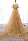 Gold V-Neck Tulle Long Prom Dresses, A-Line Evening Dresses HZ1024