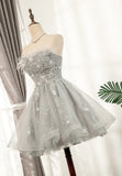 Gray Strapless Feather Short Prom Dresses, Cute Party Dresses HZ1024