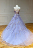 Purple Lace Long Prom Dresses, A-Line Backless Evening Dresses HZ1024