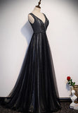 Black V-Neck Tulle Long Prom Dresses, A-Line Evening Dresses HZ1024
