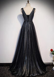 Black V-Neck Tulle Long Prom Dresses, A-Line Evening Dresses HZ1024