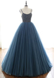 Blue Tulle Long Prom Dresses, A-Line Evening Dresses with Beading HZ1024
