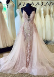 Plunging V-Neck Lace Long Prom Dresses, Pink Evening Dresses HZ1024
