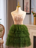 Green Tulle Layer Knee Length Prom Dress, A-Line Strapless Evening Party Dress HZ1024