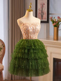 Green Tulle Layer Knee Length Prom Dress, A-Line Strapless Evening Party Dress HZ1024