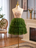 Green Tulle Layer Knee Length Prom Dress, A-Line Strapless Evening Party Dress HZ1024