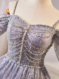 Shiny Tulle Sequins Knee Length Prom Dress, A-Line Off the Shoulder Evening Party Dress HZ1024