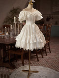 White Satin Lace Knee Length Prom Dress, A-Line Off the Shoulder Evening Party Dress HZ1024