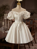 White Satin Off the Shoulder Party Dress, Lovely A-Line Short Sleeve Evening Dress HZ1024