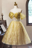 Yellow Floral Tulle Knee Length Prom Dress, Lovely A-Line Off the Shoulder Evening Party Dress HZ1024