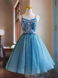Blue Rhinestone Printing and Tulle Short Homecoming Dress, Beautiful Spaghetti Straps Sleeveless Backless Party Dress HZ1024