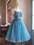 Blue Rhinestone Printing and Tulle Short Homecoming Dress, Beautiful Spaghetti Straps Sleeveless Backless Party Dress HZ1024