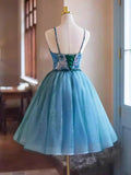 Blue Rhinestone Printing and Tulle Short Homecoming Dress, Beautiful Spaghetti Straps Sleeveless Backless Party Dress HZ1024
