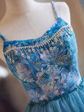 Blue Rhinestone Printing and Tulle Short Homecoming Dress, Beautiful Spaghetti Straps Sleeveless Backless Party Dress HZ1024