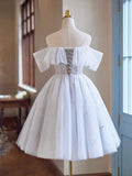 White Tulle Sequins Short Homecoming Dress, Lovely Off the Shoulder Evening Party Dress HZ1024