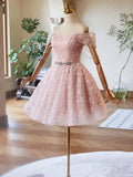 Pink Tulle Knee Length Prom Dress, Lovely Off the Shoulder Evening Party Dress HZ1024