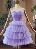 A-Line Tulle and Sequins Short Party Dress, Lavender Strapless Evening Dress HZ1024
