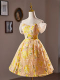 Yellow Floral Sequins Knee Length Prom Dress, Off the Shoulder Evening Party Dress HZ1024