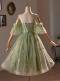 Green Floral Tulle A-Line Knee Length Party Dress, Lovely Spaghetti Strap Evening Prom Dress HZ1024