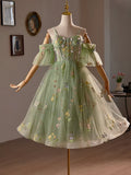 Green Floral Tulle A-Line Knee Length Party Dress, Lovely Spaghetti Strap Evening Prom Dress HZ1024