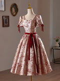 A-Line Floral Satin Short Prom Dress, Cute Short Sleeve Evening Homecoming Dress HZ1024