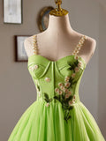 Beautiful Green Lace Flower Short Party Dress, Lovely Spaghetti Straps Sleeveless Backless Evening Dress HZ1024