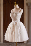 A-Line Tulle Beaded Short Prom Dress, Light Champagne Spaghetti Strap Party Dress HZ1024