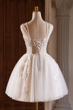 A-Line Tulle Beaded Short Prom Dress, Light Champagne Spaghetti Strap Party Dress HZ1024