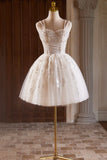 A-Line Tulle Beaded Short Prom Dress, Light Champagne Spaghetti Strap Party Dress HZ1024
