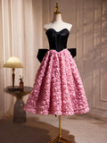 Black Satin and Pink Ruffle Flower Short Prom Dress, Lovely A-Line Strapless Bow Party Cocktail Dress HZ1024