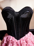 Black Satin and Pink Ruffle Flower Short Prom Dress, Lovely A-Line Strapless Bow Party Cocktail Dress HZ1024