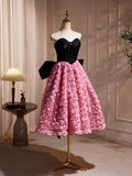 Black Satin and Pink Ruffle Flower Short Prom Dress, Lovely A-Line Strapless Bow Party Cocktail Dress HZ1024