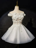 White Flowers Lace Short Prom Dress, Lovely A-Line Evening Party Dress HZ1024