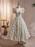 Beautiful Beading Pearl Sequins Green Prom Dresses, High Neckline Tea Length Sage Green Party Dress HZ1024