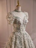 Beautiful Beading Pearl Sequins Green Prom Dresses, High Neckline Tea Length Sage Green Party Dress HZ1024