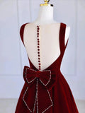 Burgundy Tea Length Velvet Prom Dress with Bowknot, Burgundy Evening Party Dress HZ1024