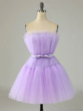 Purple Strapless Tulle Knee Length Party Dress, A-Line Homecoming Dress HZ1024